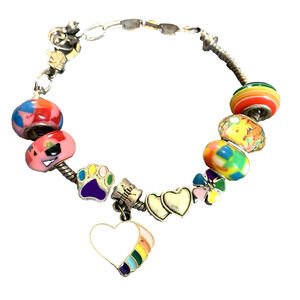 Rainbow Charm Bracelet European Style Y2K Glass Charms Multicolor Beads 7.75"